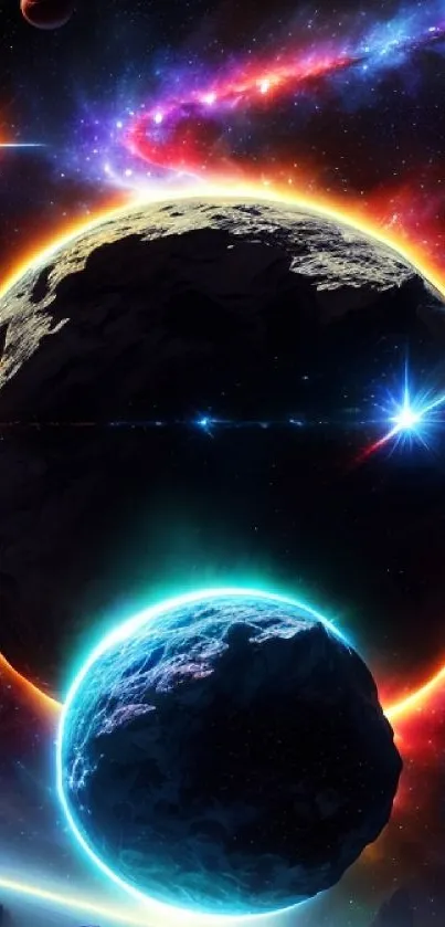 Colorful cosmic planets and galaxies mobile wallpaper.
