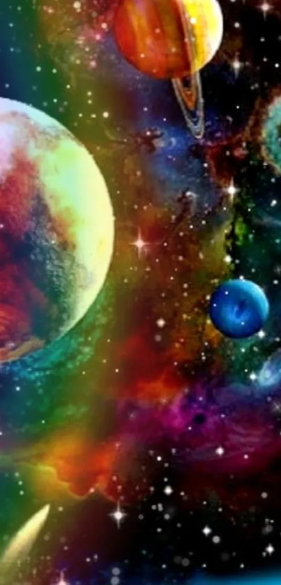 Colorful cosmic wallpaper with planets and galaxies.