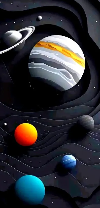 Vibrant planets on a black cosmic background, perfect for mobile wallpaper.