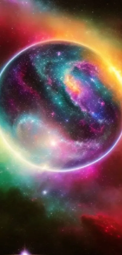 Vibrant cosmic planet with rainbow colors in galaxy wallpaper.