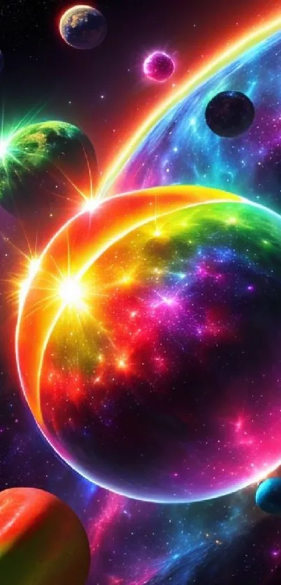 Vibrant cosmic scene with colorful planets in space.