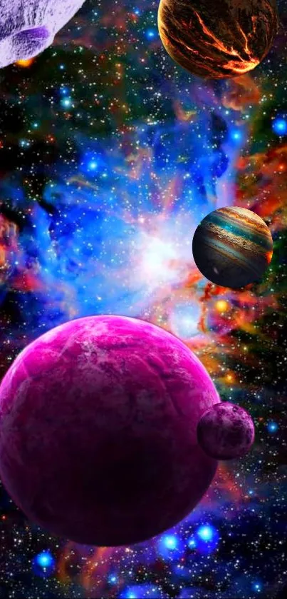 Vibrant cosmic wallpaper with colorful planets.