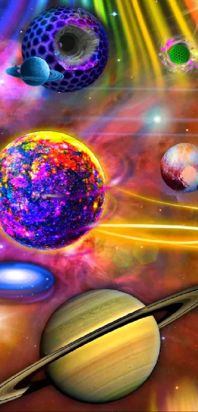 Vibrant wallpaper of colorful planets in space, featuring celestial bodies and glowing stars.