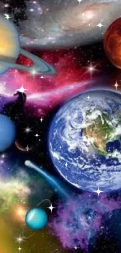 Vibrant galaxy wallpaper with planets and stars.