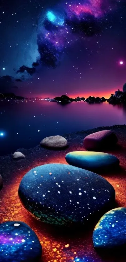 Colorful cosmic shoreline with stars and vibrant stones.
