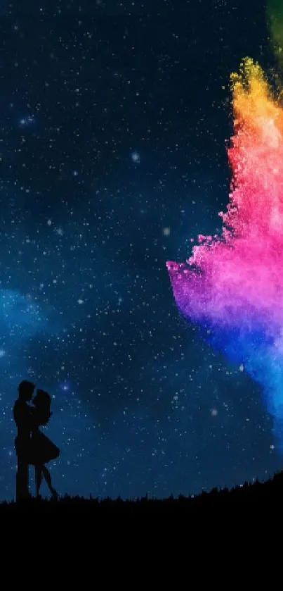 Silhouette of couple under colorful cosmic night sky on mobile wallpaper.