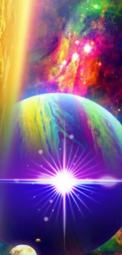 Vibrant space scene with colorful planet and starburst