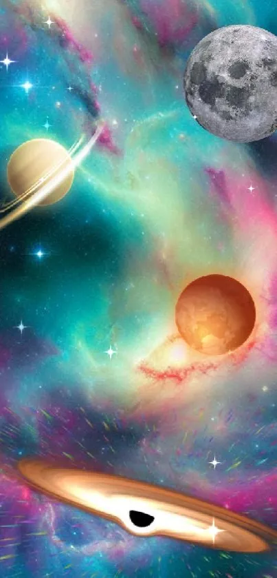 Colorful cosmic wallpaper with planets and swirling galaxy.