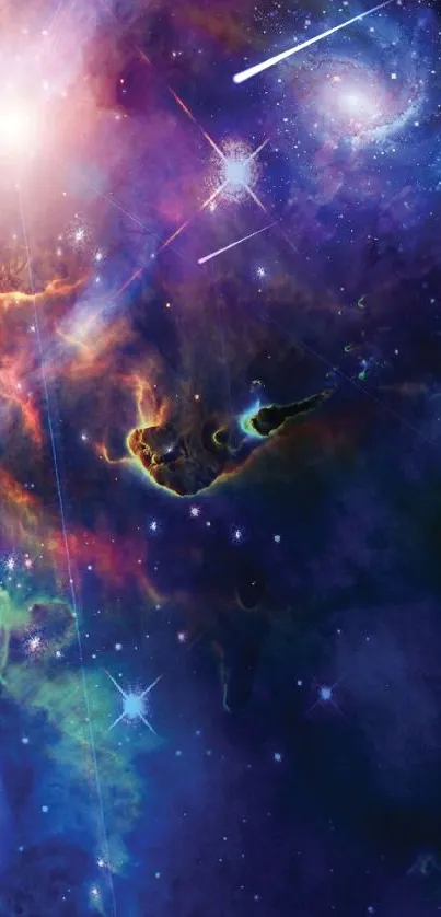 Vibrant cosmic space wallpaper with nebula and stars in purple tones.