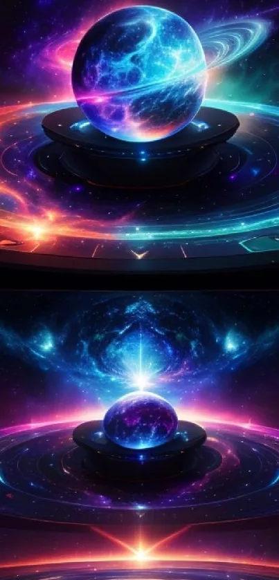 Vibrant cosmic sphere with colorful galaxies, perfect for a phone wallpaper.