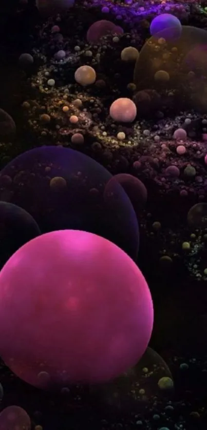 Colorful cosmic spheres with magenta glow on a dark background.