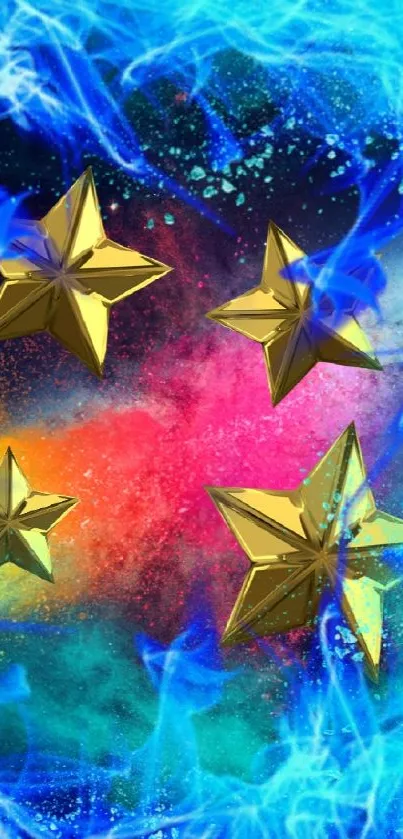 Golden stars in colorful cosmic blue nebula wallpaper.