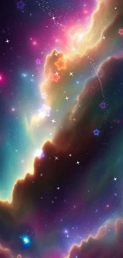 Colorful cosmic wallpaper with stars and nebulae.