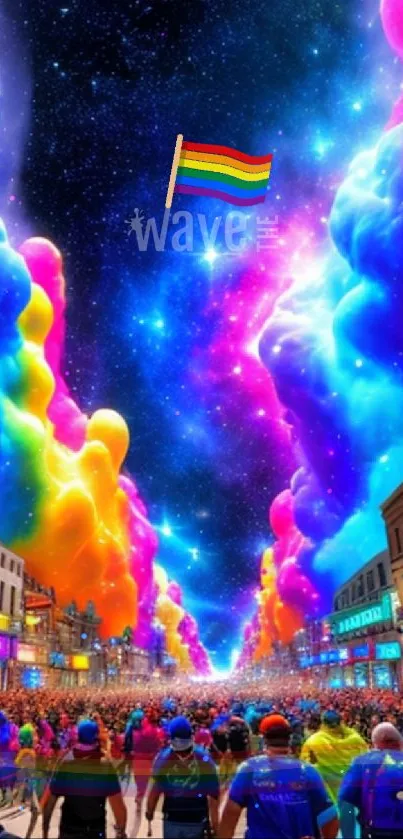 Surreal cosmic street scene with vibrant clouds.