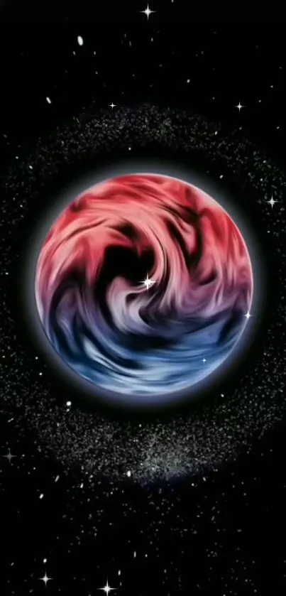 A vibrant cosmic swirl with red and blue hues against a starry black background.