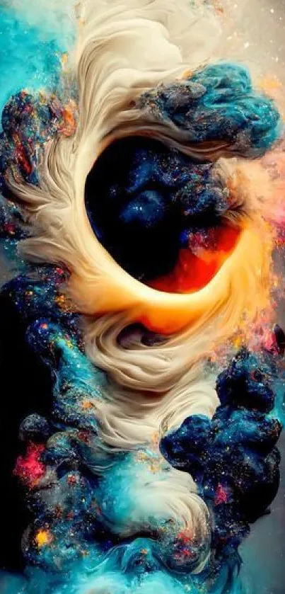 A vibrant cosmic swirl in blue and orange hues for mobile wallpaper.