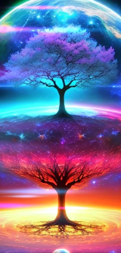 Vibrant cosmic tree with colorful gradient background.