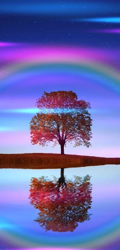 Lone tree with colorful halo reflected in a lake under starry night sky.