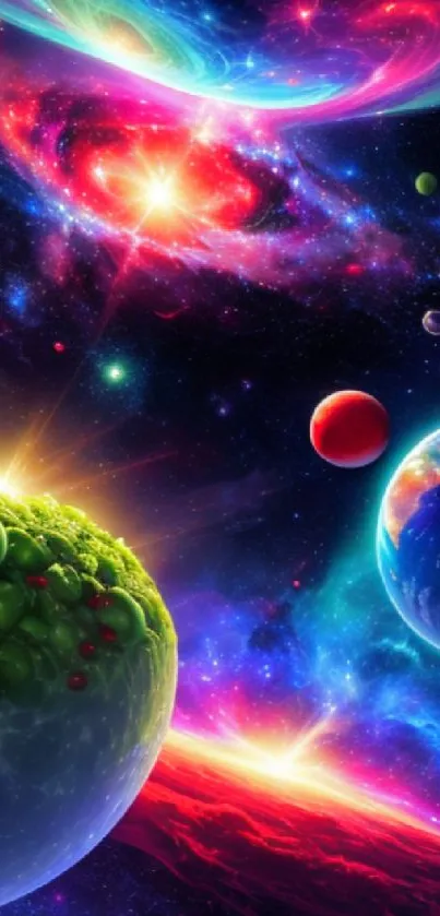 Colorful cosmic universe with galaxies and planets in vibrant hues.