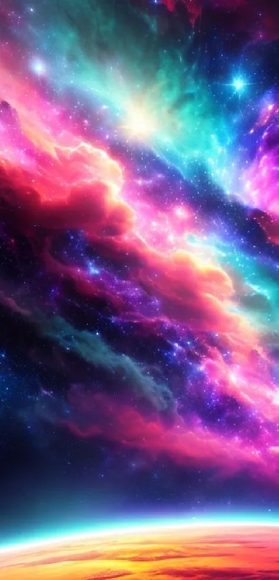 Vibrant cosmic wallpaper with colorful nebulae and stars.