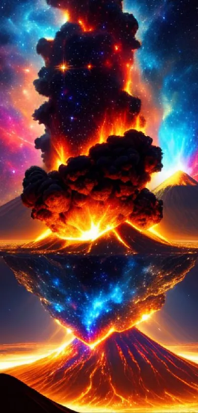 Vivid cosmic volcano with galaxy background in vibrant colors.