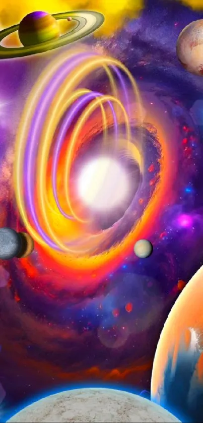 Vivid cosmic vortex with swirling planets in space-themed illustration.