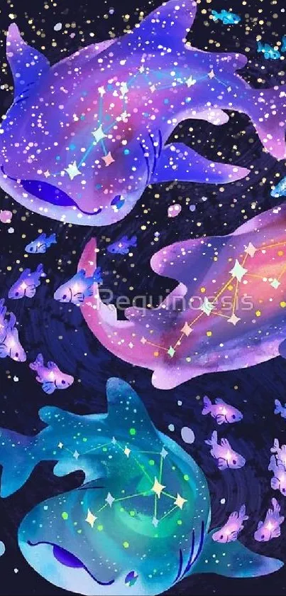 Colorful cosmic whale sharks wallpaper with stars and galaxies.