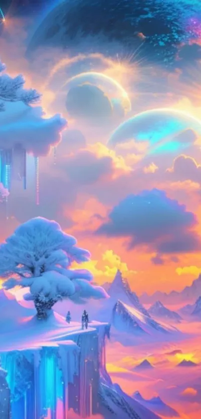 Dreamy winter landscape with glowing planets