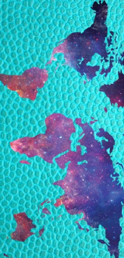 Colorful cosmic world map on teal background wallpaper.