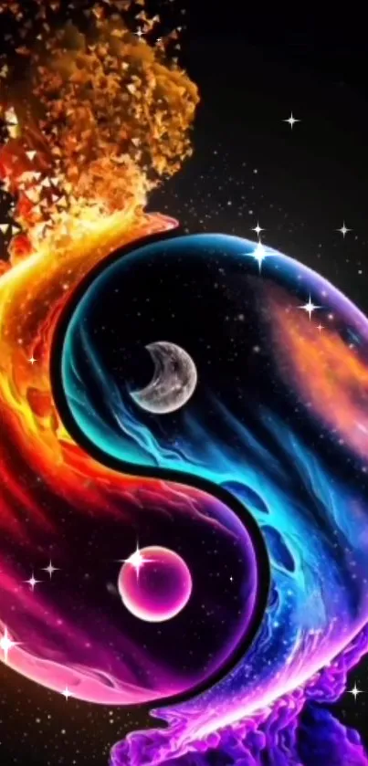 Colorful cosmic yin yang wallpaper with vibrant celestial elements.