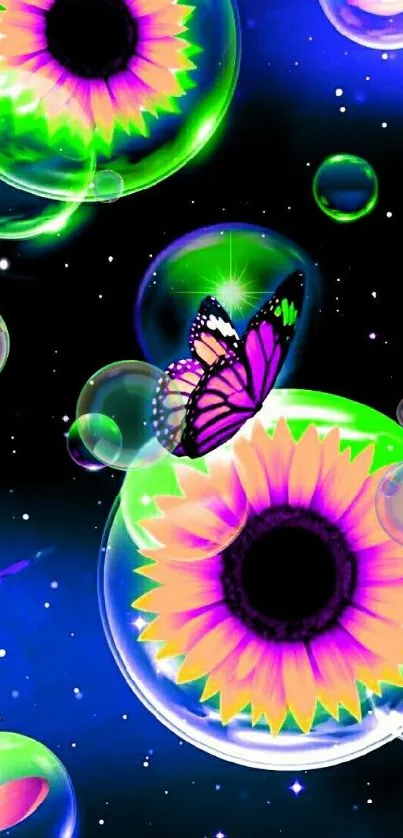 Vibrant butterfly and neon sunflower wallpaper with glowing bubbles in cosmos.