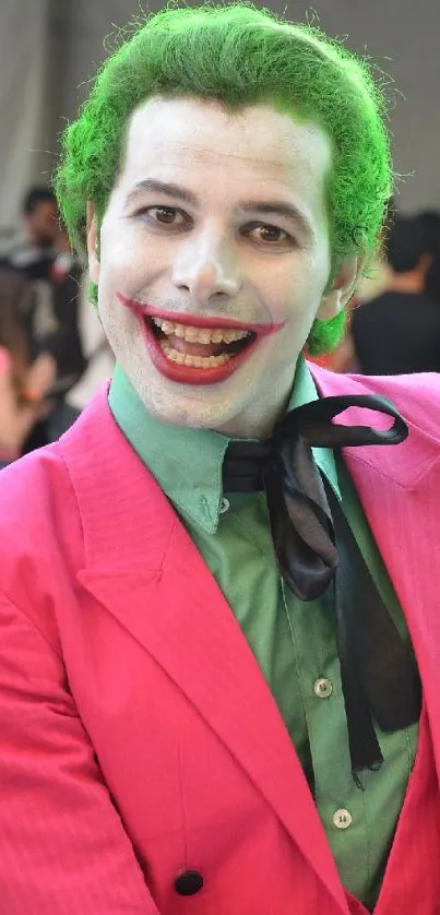 Vibrant cosplay character in pink and green suit, smiling brightly.