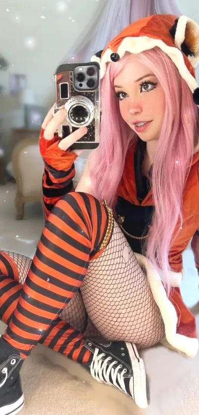 Colorful cosplay wallpaper with pink hair and striped costume.