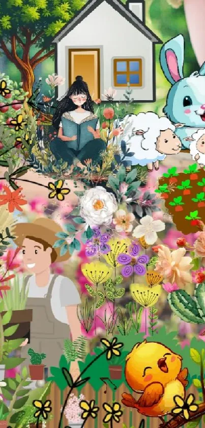 Whimsical garden wallpaper with animals and flowers.