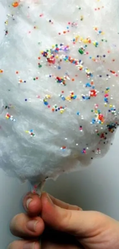 White cotton candy with colorful sprinkles in hand.