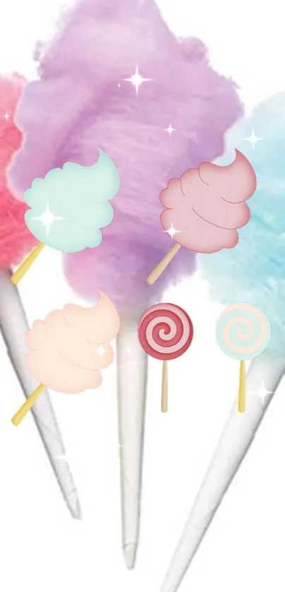 Pastel cotton candy and lollipops on a white background.