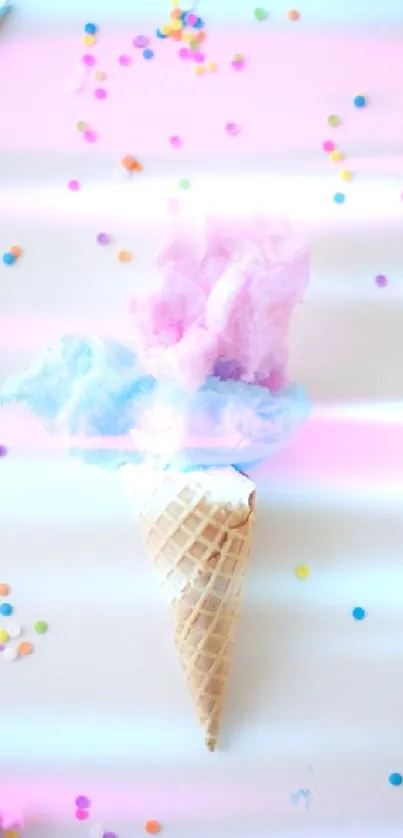 Cotton candy ice cream cone with colorful sprinkles on a white background.