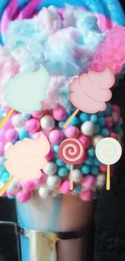 Colorful cotton candy and sprinkles wallpaper with pink and blue hues.