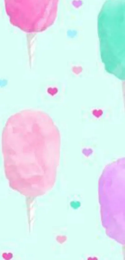 Colorful cotton candy wallpaper with pastel hues and hearts pattern.