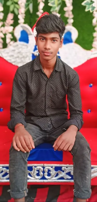 Young man sitting on a vibrant red couch with a green plant backdrop.