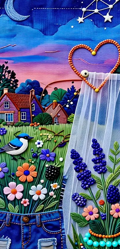 Vibrant countryside scene with flowers and stars in evening sky.