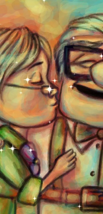 Vibrant cartoon couple embracing with colorful swirling background.