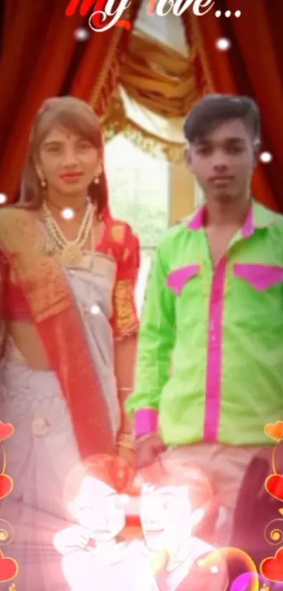 Stylish couple in vibrant traditional attire with a heart-themed background.