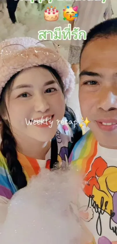 Cheerful couple taking a colorful selfie with smiles.