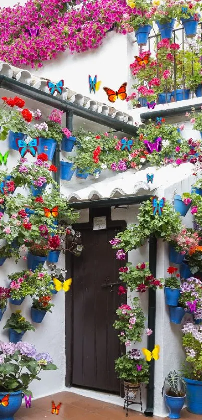 Colorful courtyard with floral wall decorations.