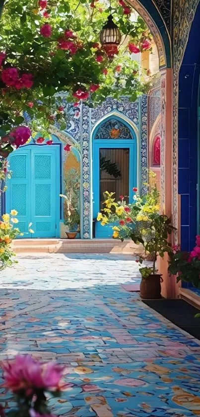 Vibrant courtyard with colorful tiles and blooming flowers.
