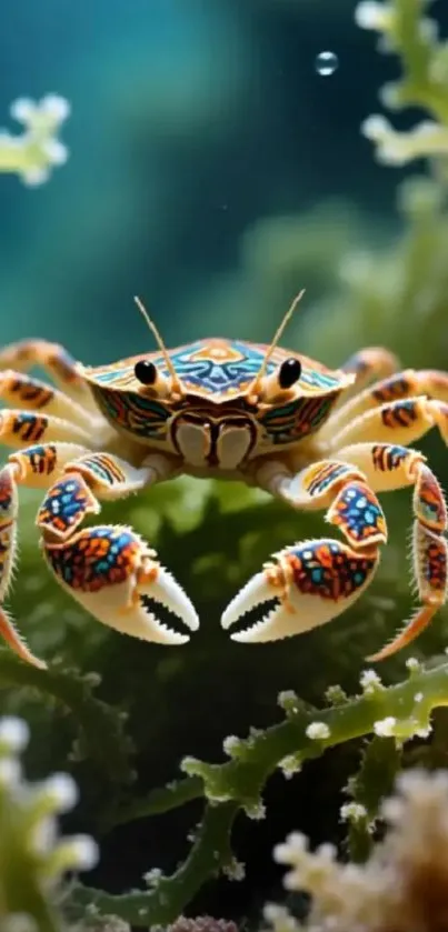 Vibrant colorful crab amidst ocean corals underwater.