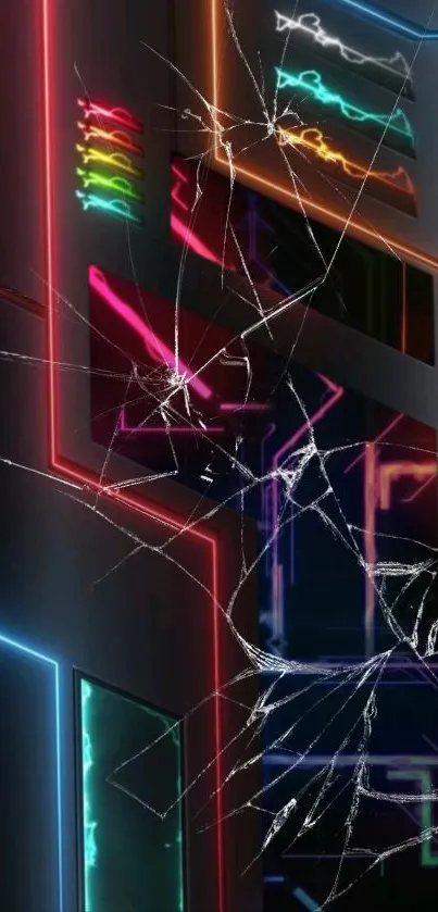 Colorful neon wallpaper with cracked glass effect and geometric patterns.