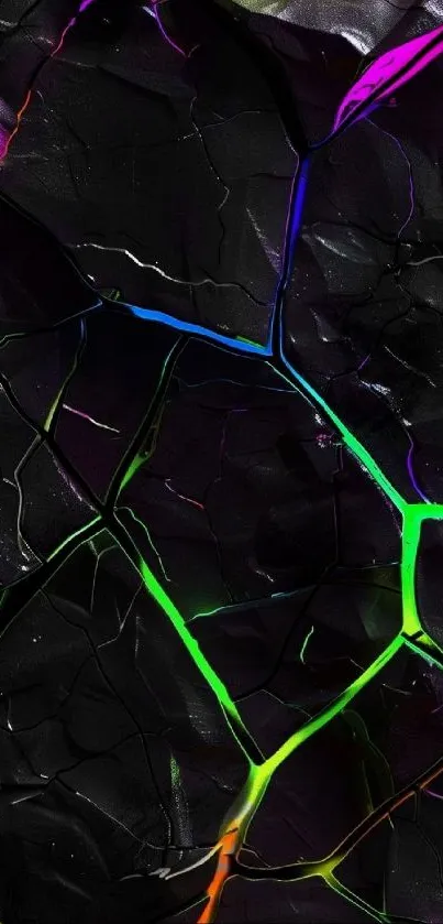 Dark cracked texture with vibrant neon colors for mobile wallpaper.