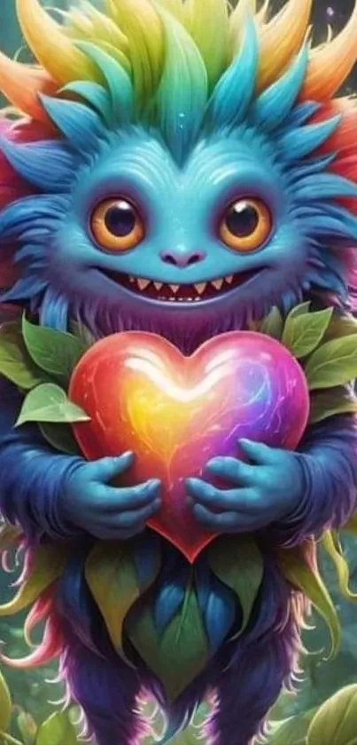 Colorful creature holding a glowing heart artwork.